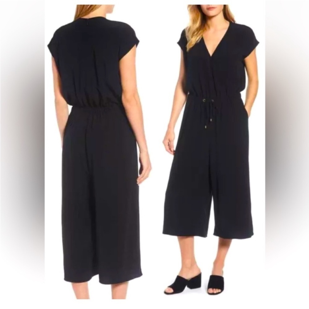 Eileen Fisher Black Tencel Viscose Crepe Wide Leg Jumpsuit Size M